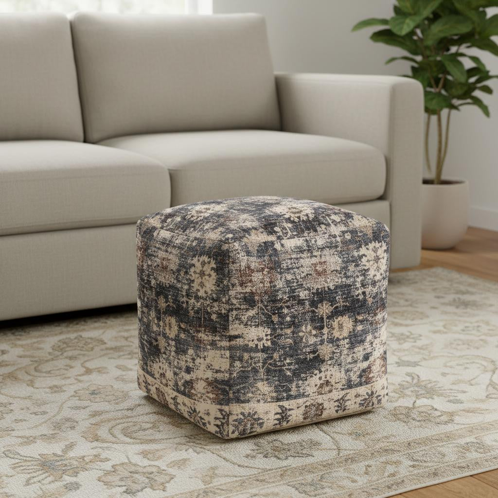 18 Navy Blue and Tan Upholstered Medallion Pouf Ottoman