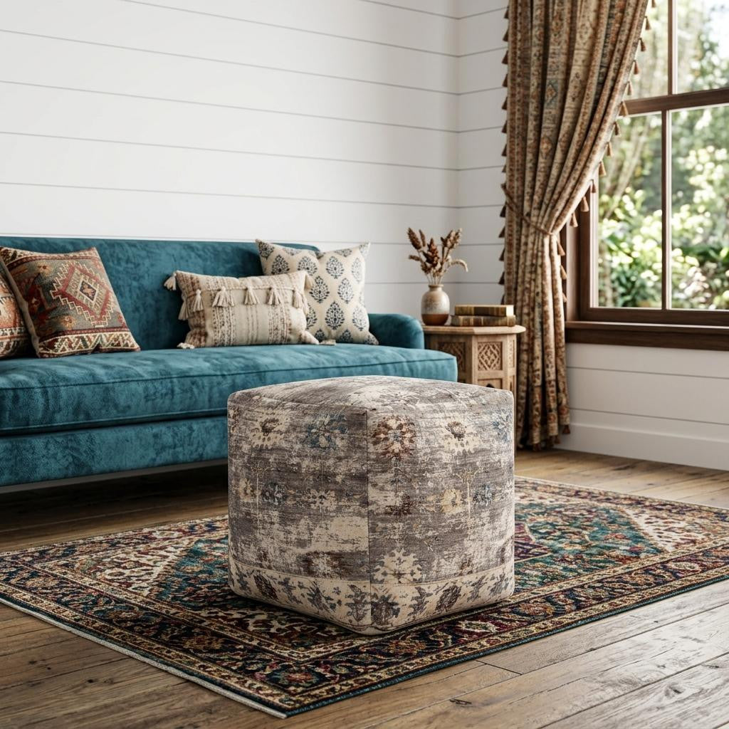 18 Ivory and Taupe Upholstered Medallion Pouf Ottoman