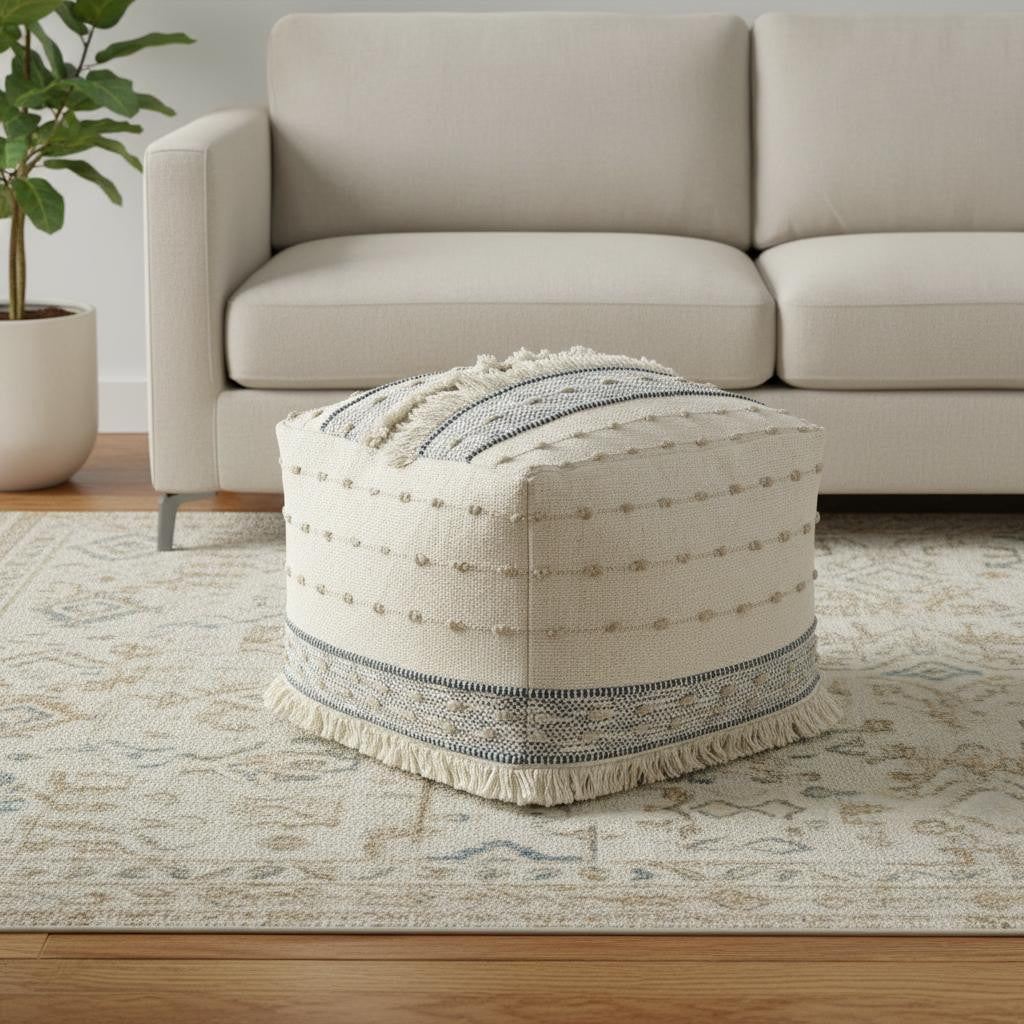 18 Ivory and Navy Blue Cotton And Wool Striped Pouf Ottoman