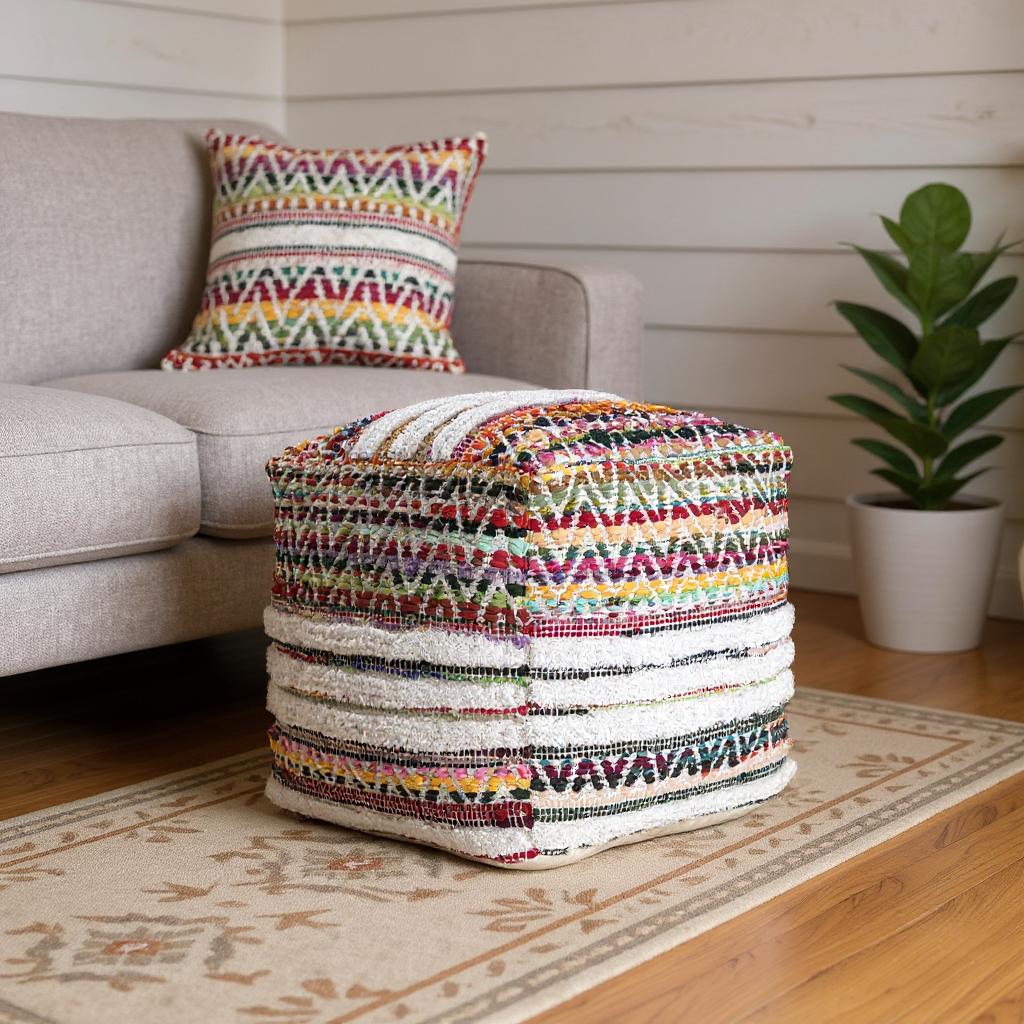 18 Natural And Rainbow Cotton Blend Chevron Pouf Ottoman