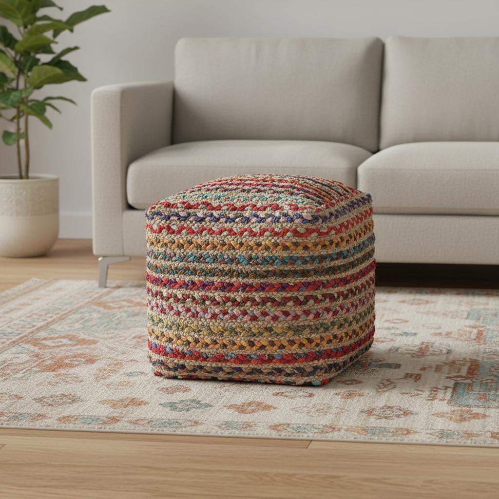 18 Natural and Rainbow Braided Jute And Polyester Striped Pouf Ottoman