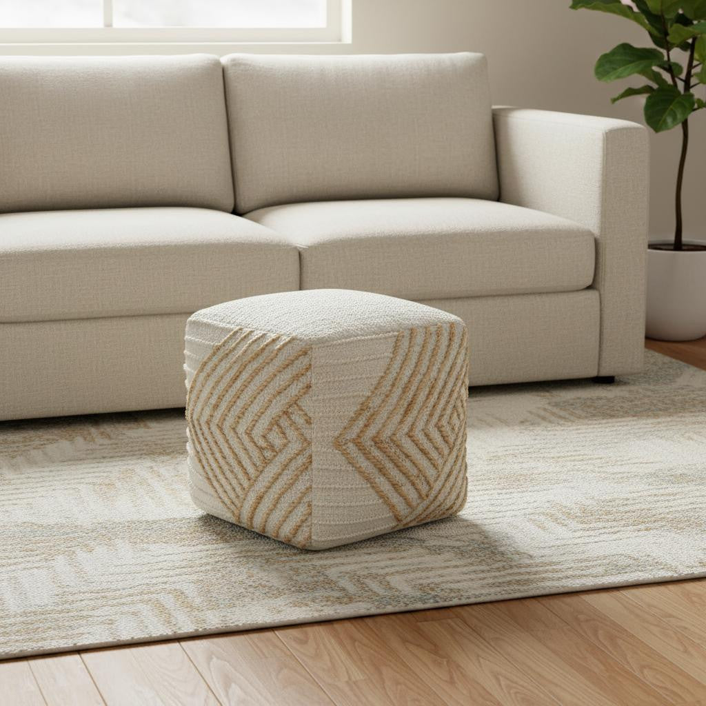 18 Natural and Off White Cotton Jute And Wool Geometric Cube Pouf Ottoman