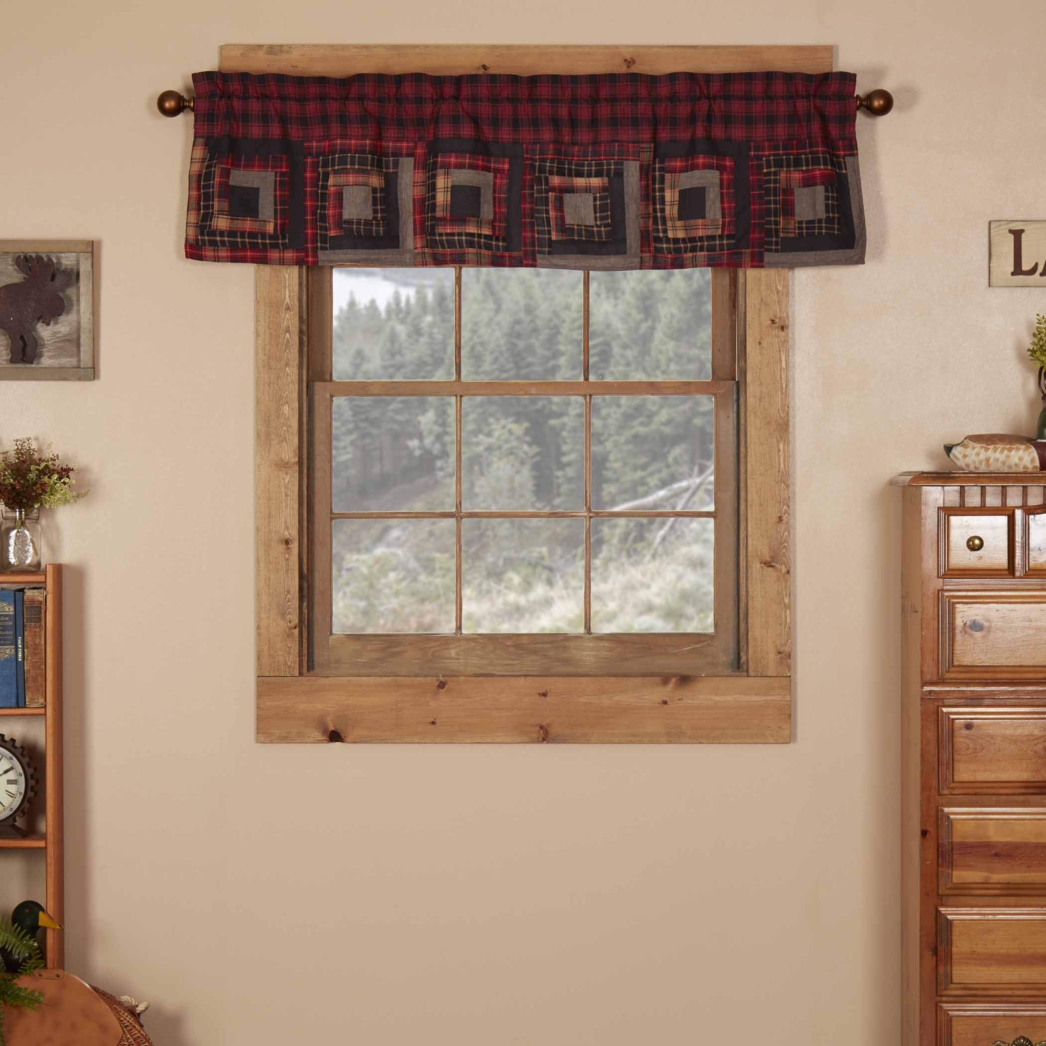VHC Brands Cumberland Rustic Plaid Patchwork Bordered Kitchen Curtains Valance Rod Pocket Lined Hanging Loops 100% Cotton Machin