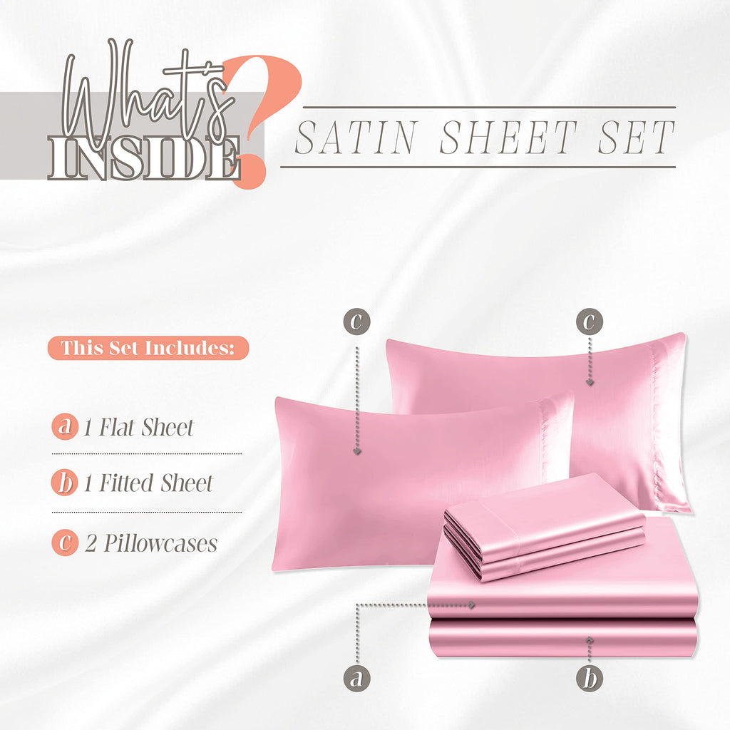 Elegant Comfort Luxurious 4-Piece Silky Satin Sheet Set, Skin And Hair Friendly, Wrinkle, Fade, Stain Resistant With Deep Pockets Fitted Sheet, Cooling Soft Satin Sheet Set, Twin Xl, Light Pink