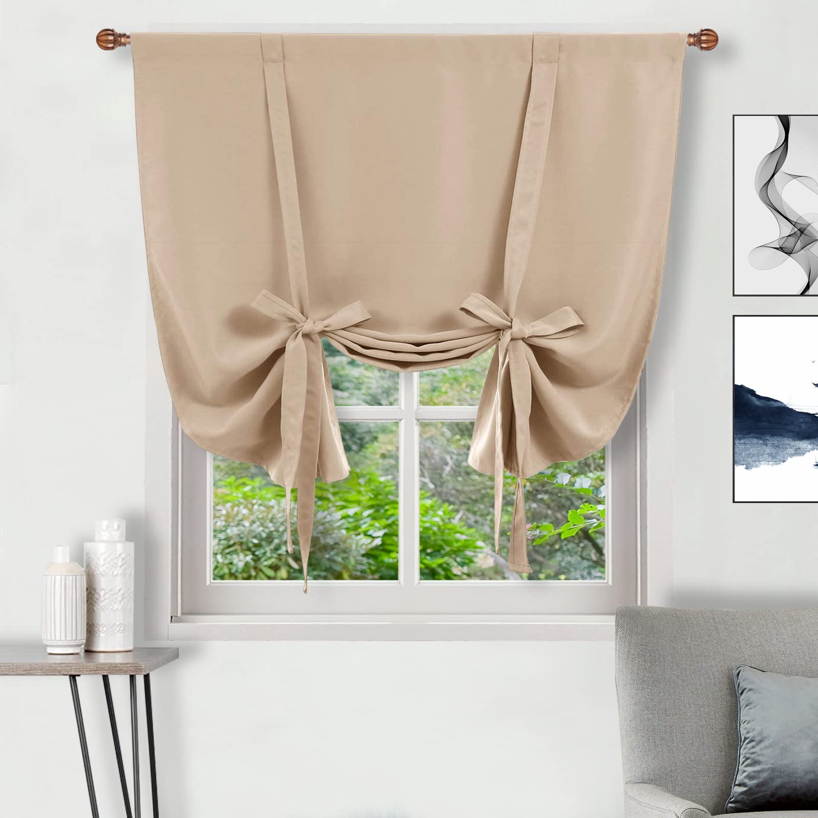 DWCN Blackout Curtains-Tie Up Shade for Window Thermal Insulated Room Darkening Rod Pocket Curtains for Kitchen, Beige, W42 X L6