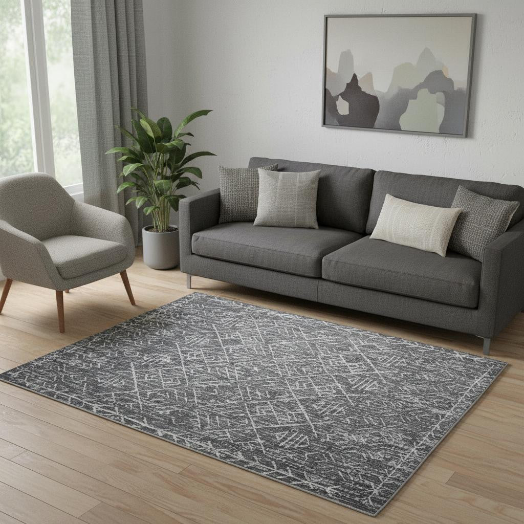5 X 7 Dark Gray And Off White Geometric Distressed Area Rug