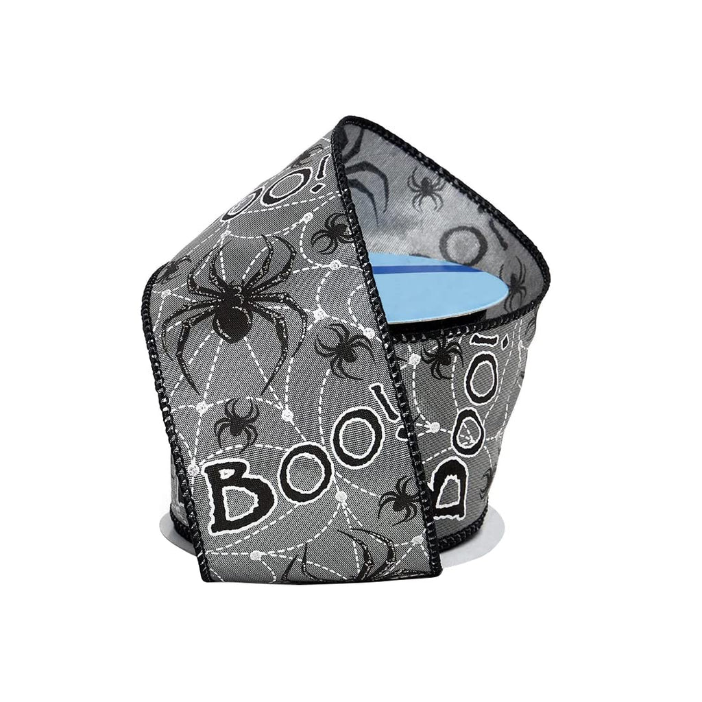 Boo! Spiders Halloween Wired Ribbon - 2 1/2' x 10 Yards, Gray & Black, White Webs, Bows, Wreath, Party Decor, Gift Basket, Clas