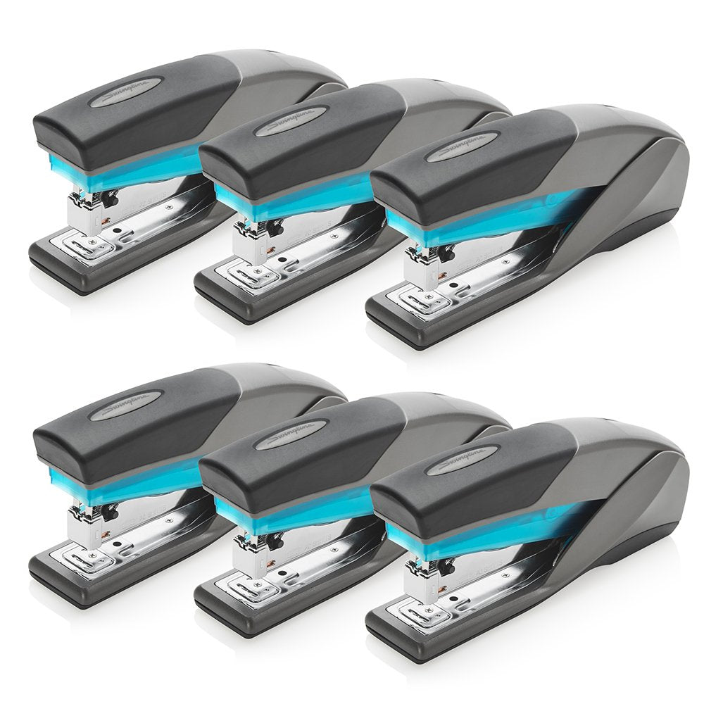 Swingline Stapler, 6 Pack, Desktop Stapler, 25 Sheet Capacity, Optima 25 Reduced Effort, Blue/Gray (S7066404Cs)