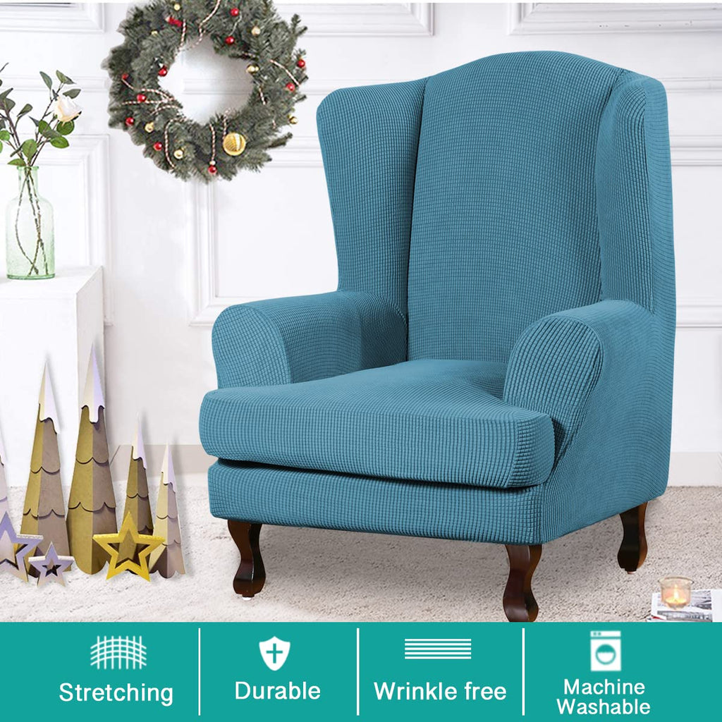 Turquoize Wingback Chair Covers 2 Piece Wing Chair Slipcover Stretch Slipcovers For Wingback Chairs Wing Chair Cover Spandex Jacquard Fabric With Elastic Bottom Non-Slip Furniture Cover, Storm Blue