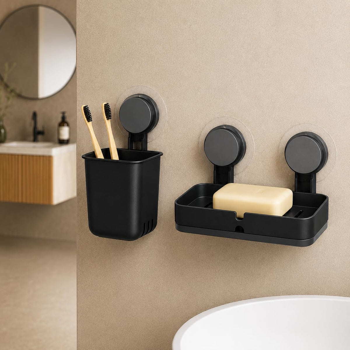 Self Adhesive Wall Toothbrush Holder & Soap Dish Organizer, Black