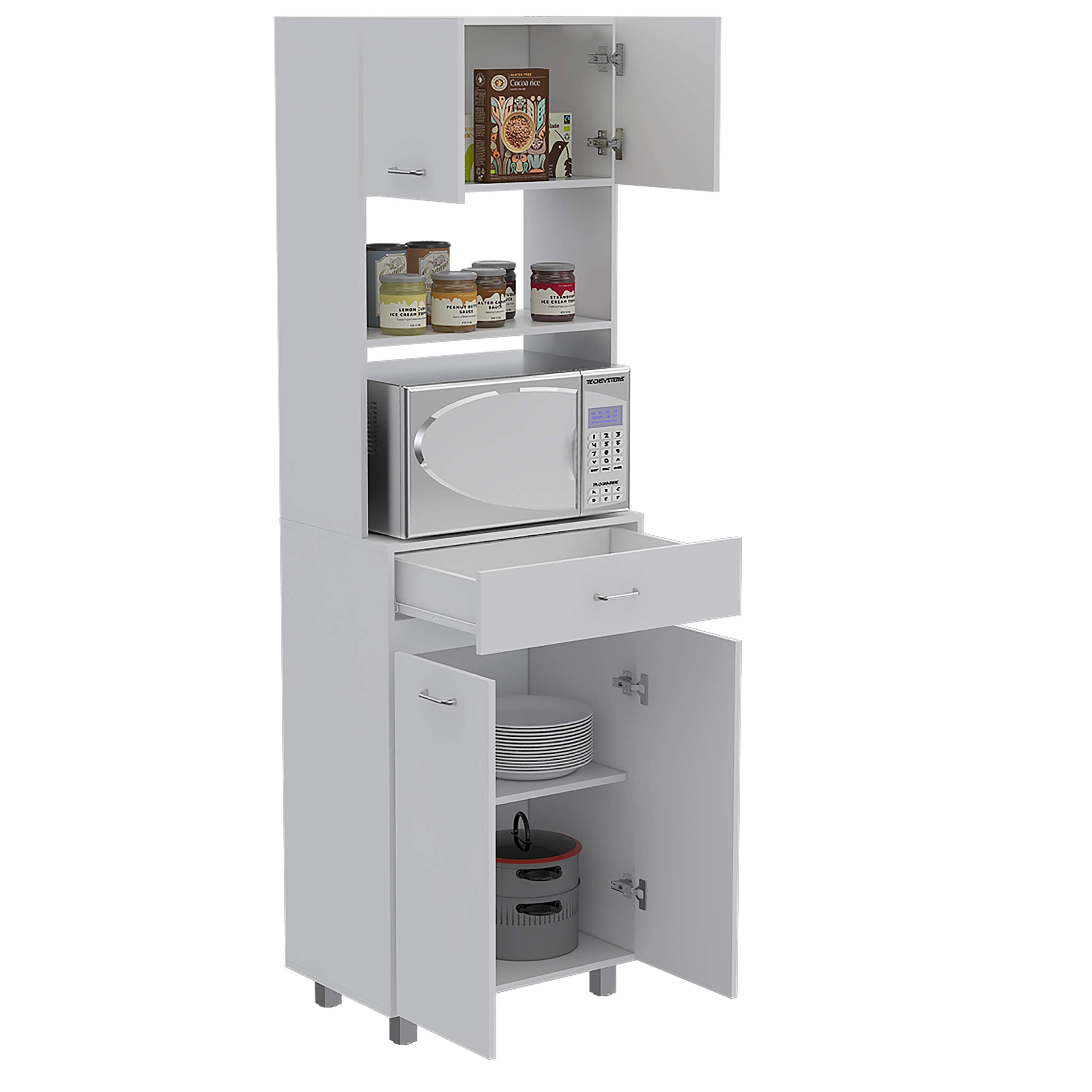 Mucura Microwave Cabinet with Drawer, 2 Double Doors, Open Shelf, and 4 Shelves, White