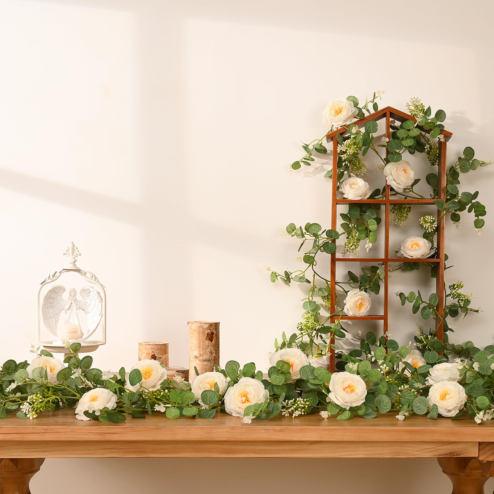 Dolicer 2Pcs 13Ft Artificial Eucalyptus Garlands With Flowers - 8 Camellias, Faux Floral Greenery Garlands Fake Flowers Vines Fo