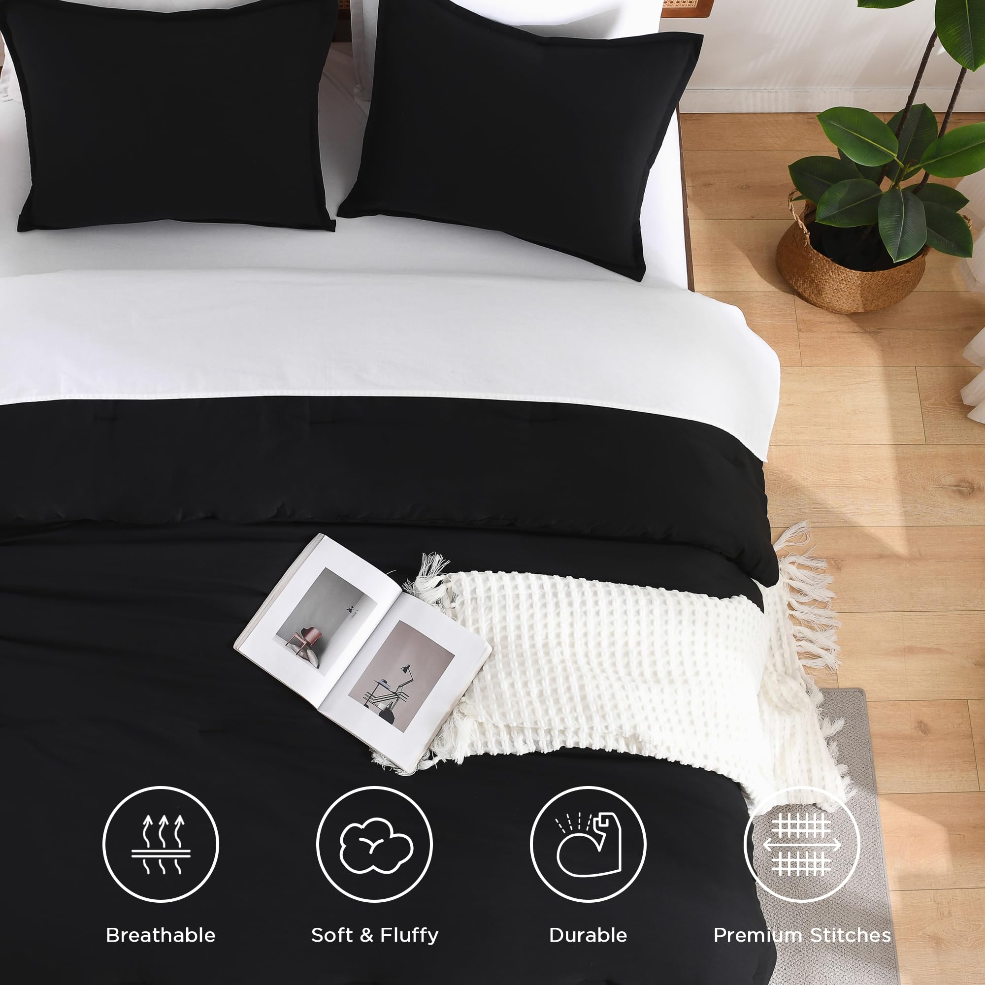 Andency Black California King Comforter Set, 3 Pieces Cal King Boho Soft Solid Bed Comforter, Oversized Lightweight Fluffy Microfiber Bedding Set (104X96In, 2 Pillowcases)