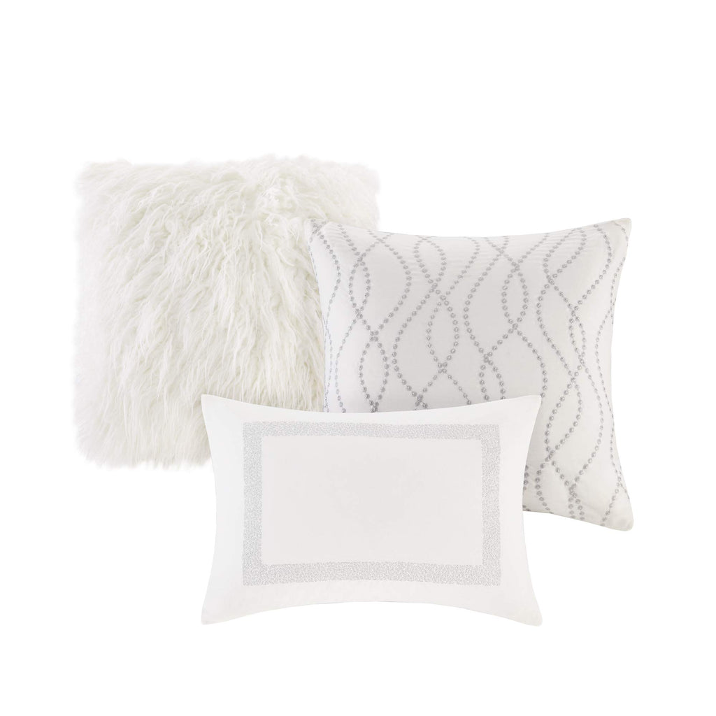 Madison Park Signature Glam Cozy Comforter Set - All Season Bedding Combo Filled Insert And Removable Duvet Cover, Shams, Decorative Pillows, Metallic White King(110'X96') 10 Piece