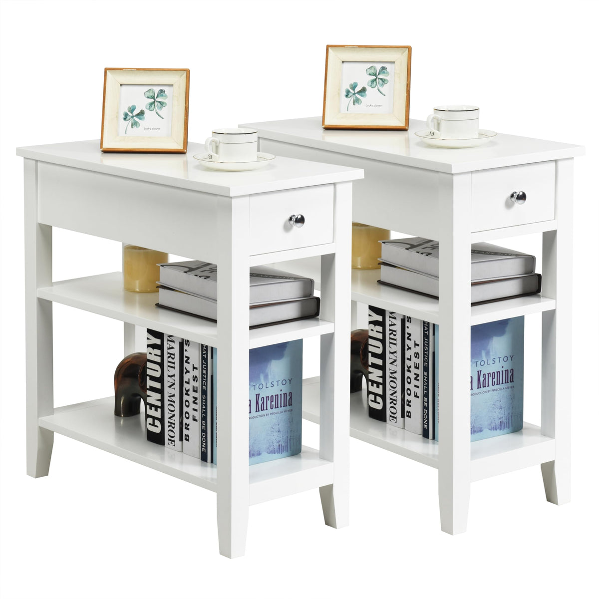 Kotek End Table Set Of 2 With Drawer And Open Storage Shelf, Narrow Side Table, Slim Bedside Table, 3-Tier Nightstand For Living Room, Bedroom, Office (White)