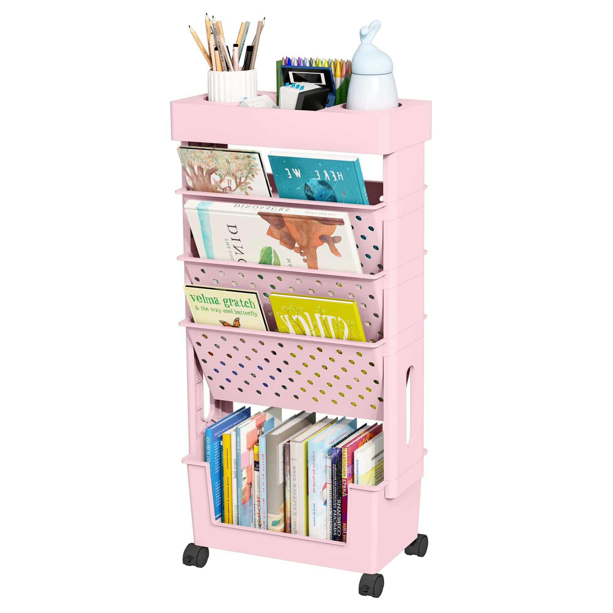 yeavs 5-Tier Mobile Bookshelf, Rolling Bookcase Book Storage Rack, Movable File Folder Organizer Cart with Wheels for Home Study