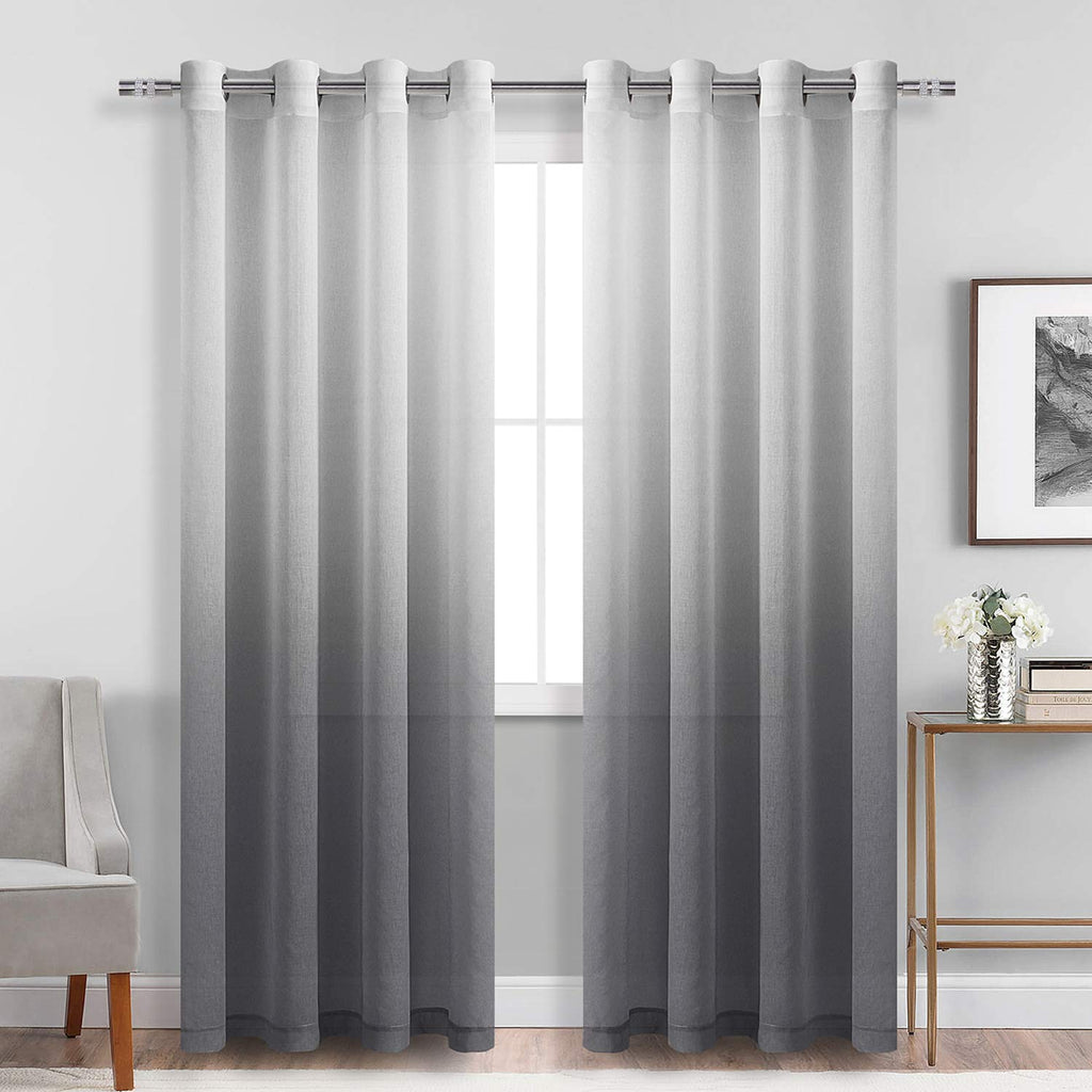 DWCN Faux Linen Grey Ombre Sheer Curtains - Gradient Semi Voile Grommet Top Window Curtains for Bedroom and Living Room, Set of 