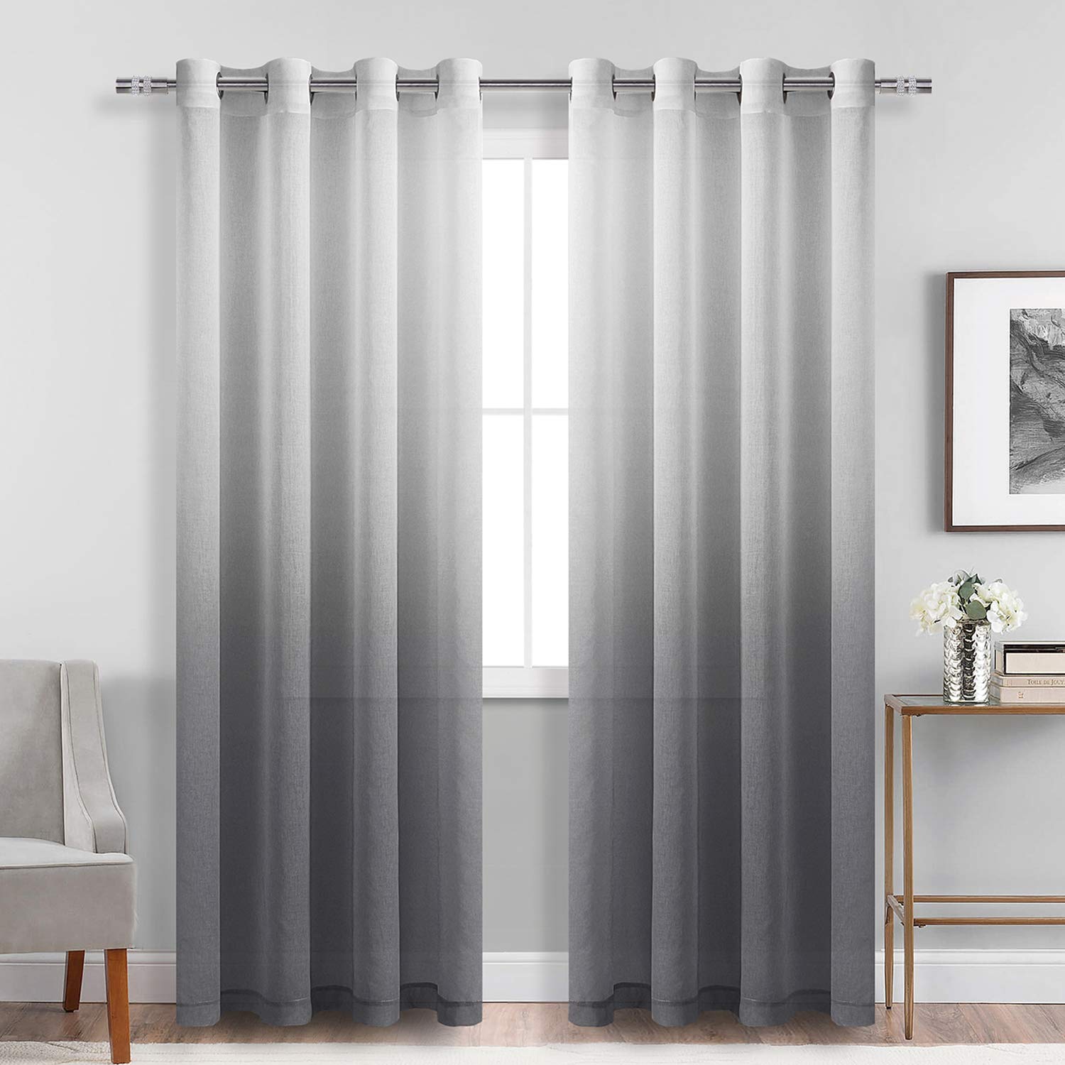 DWCN Faux Linen Grey Ombre Sheer Curtains - Gradient Semi Voile Grommet Top Window Curtains for Bedroom and Living Room, Set of 
