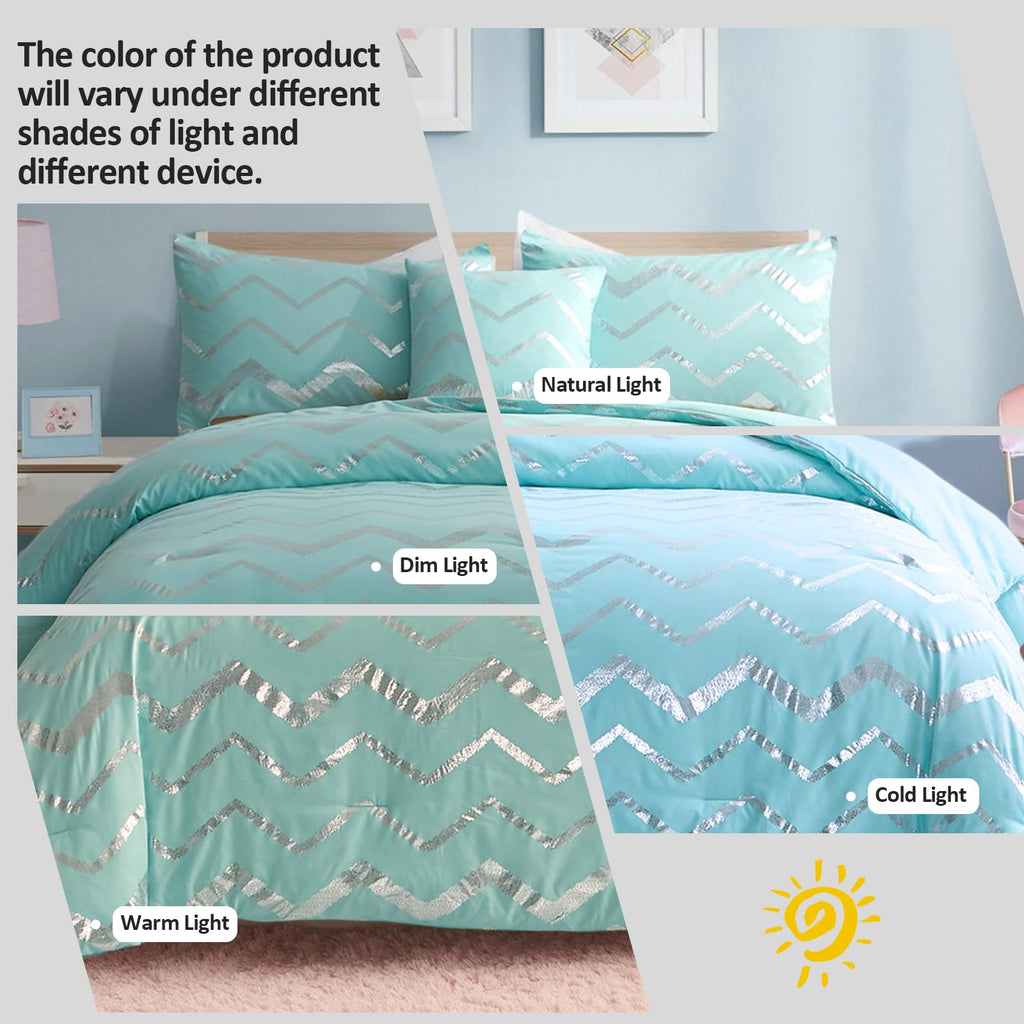 Menghomeus Aqua Comforter Set Queen Size Metallic Teal And Silver Bedding Set, 4 Piece Lightweight Microfiber Bed Set For Teen G