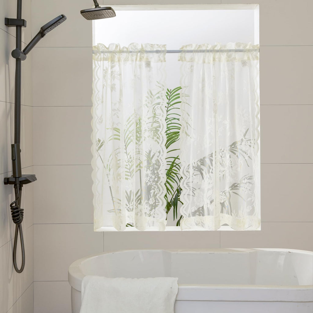 Seekright Ivory Kitchen Curtains 30 Inch Length Rod Pocket Light Filtering Sheer Lace Cafe Curtains 2 Panels Set Modern Floral L