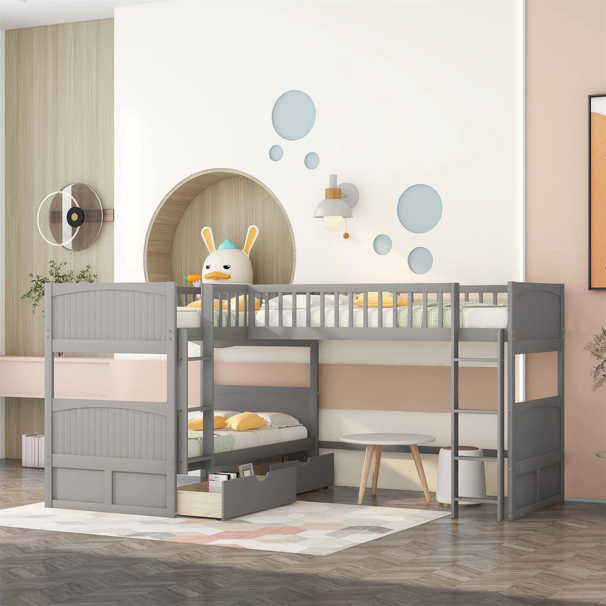 Triple Bunk Beds, Lshaped Bunk Bed For 3 With Drawers,Twin Over Twin Wood Bunk Bed And Loft Bed With Storage For Kids, Boys, Gi