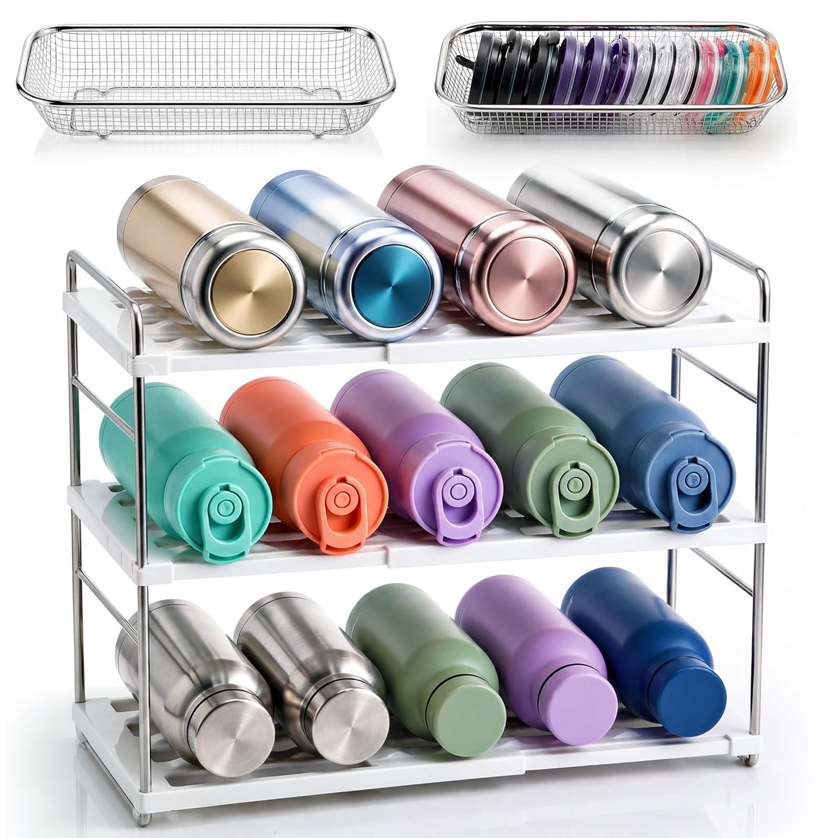 Sawysine 3 Pcs Tumbler Storage Set, Expandable Water Bottle Organizer for Cabinet, Include 2 Stainless Steel Cup Lid Organizer a
