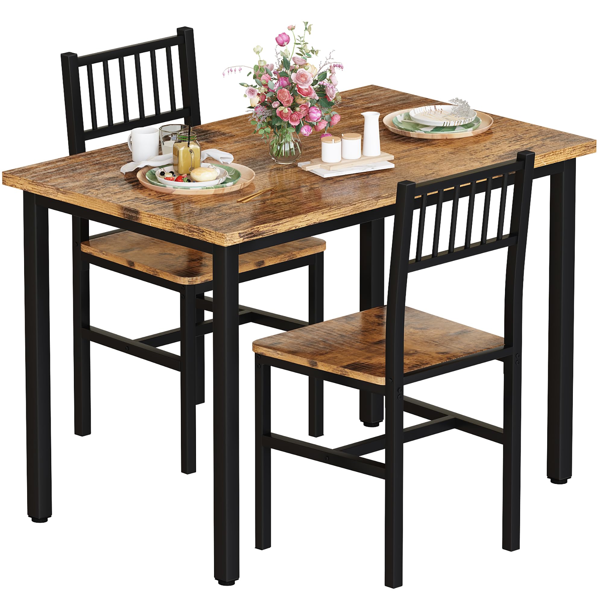 AWQM 3 Piece Dining Table Set, Small Industrial Kitchen Table and 2 Chairs, Kitchen Breakfast Dining Table Set, Breakfast Table 