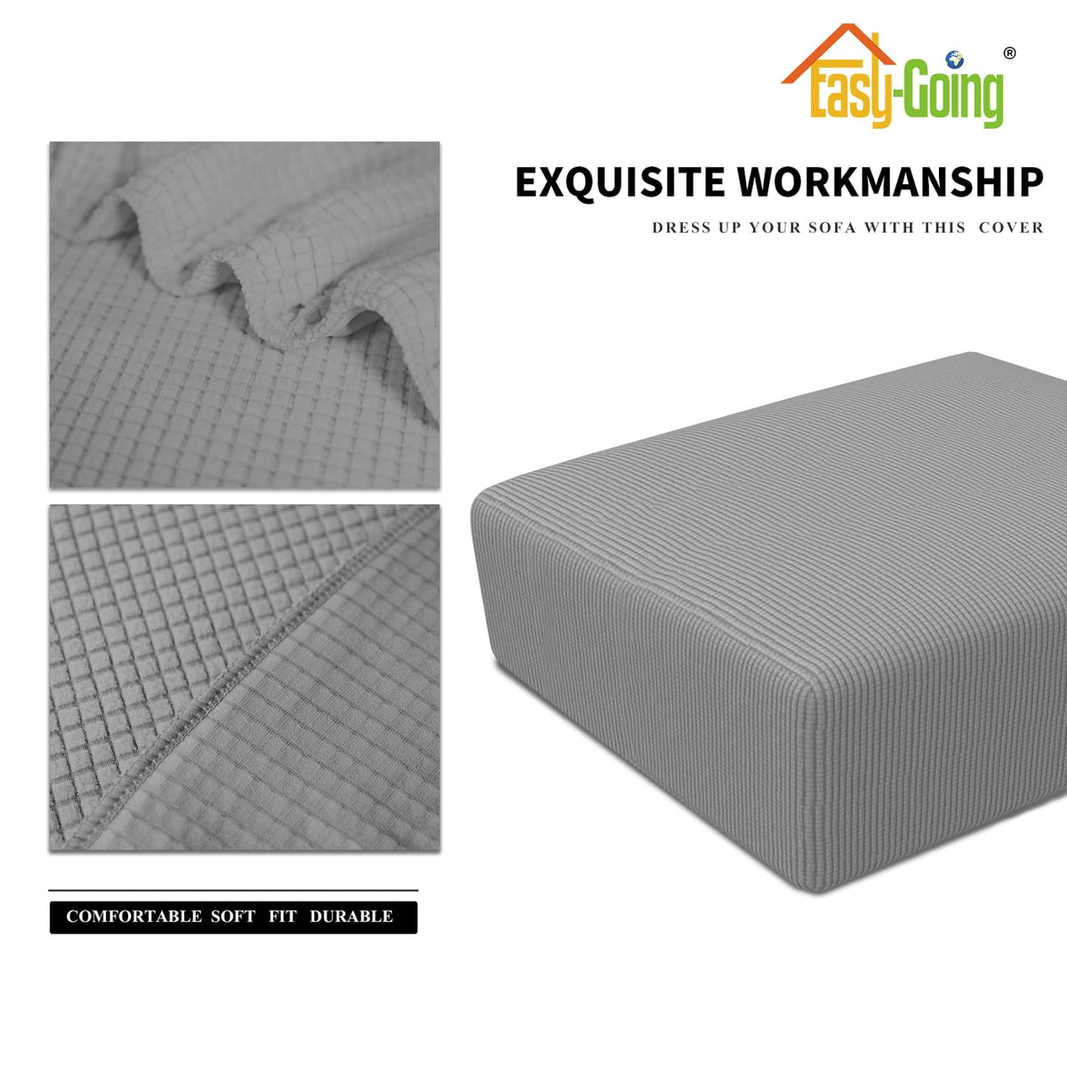 Easy-Going Stretch Square Ottoman Cover 40X40X15 Inch Folding Storage Stool Furniture Protector Soft Rectangle Slipcover With Elastic Bottom Light Grey