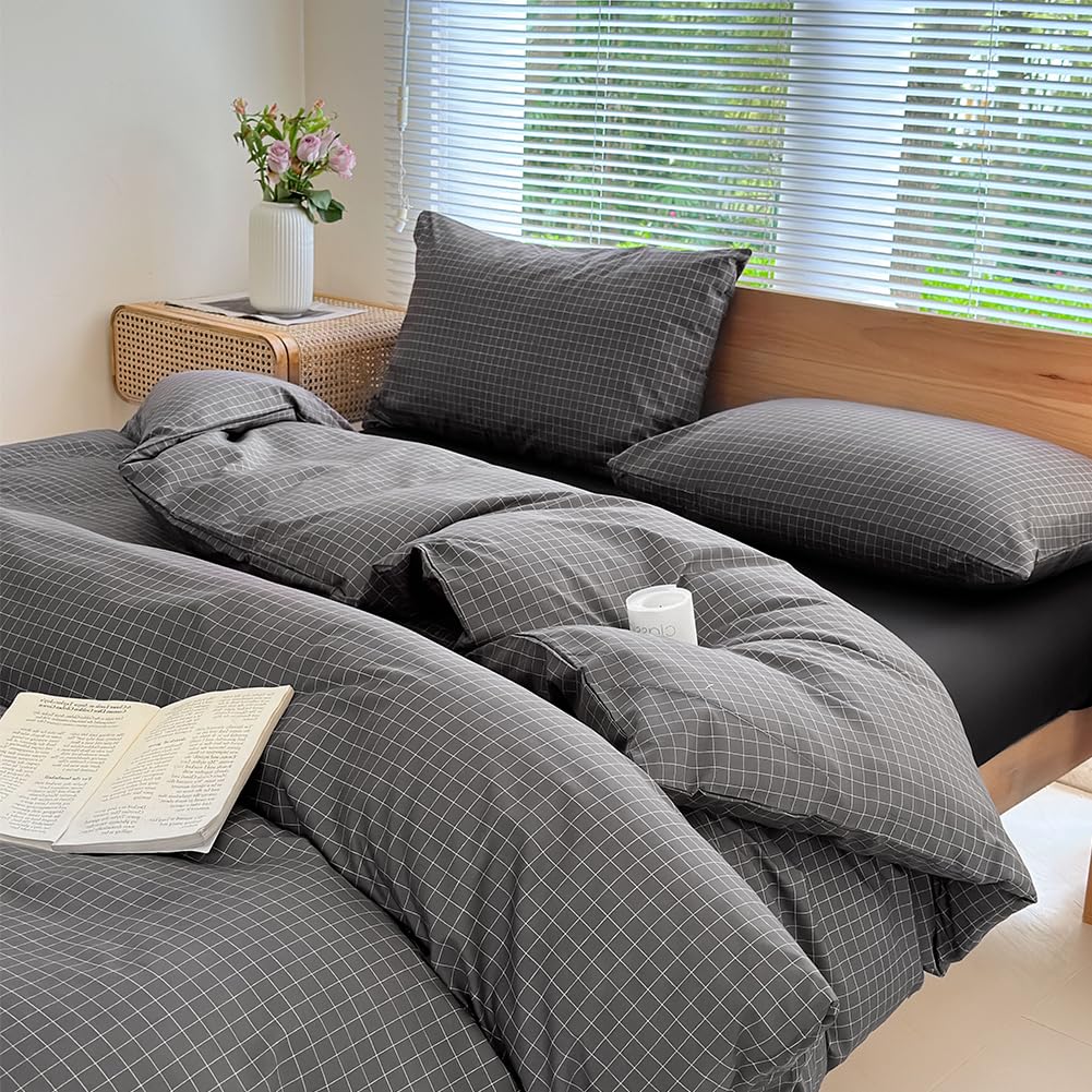 Nsnlgsgc Gray Plaid Duvet Cover Set King,Charcoal Grid Simple Geometric Square Pattern Comforter Cover,Soft Washed Microfiber Be