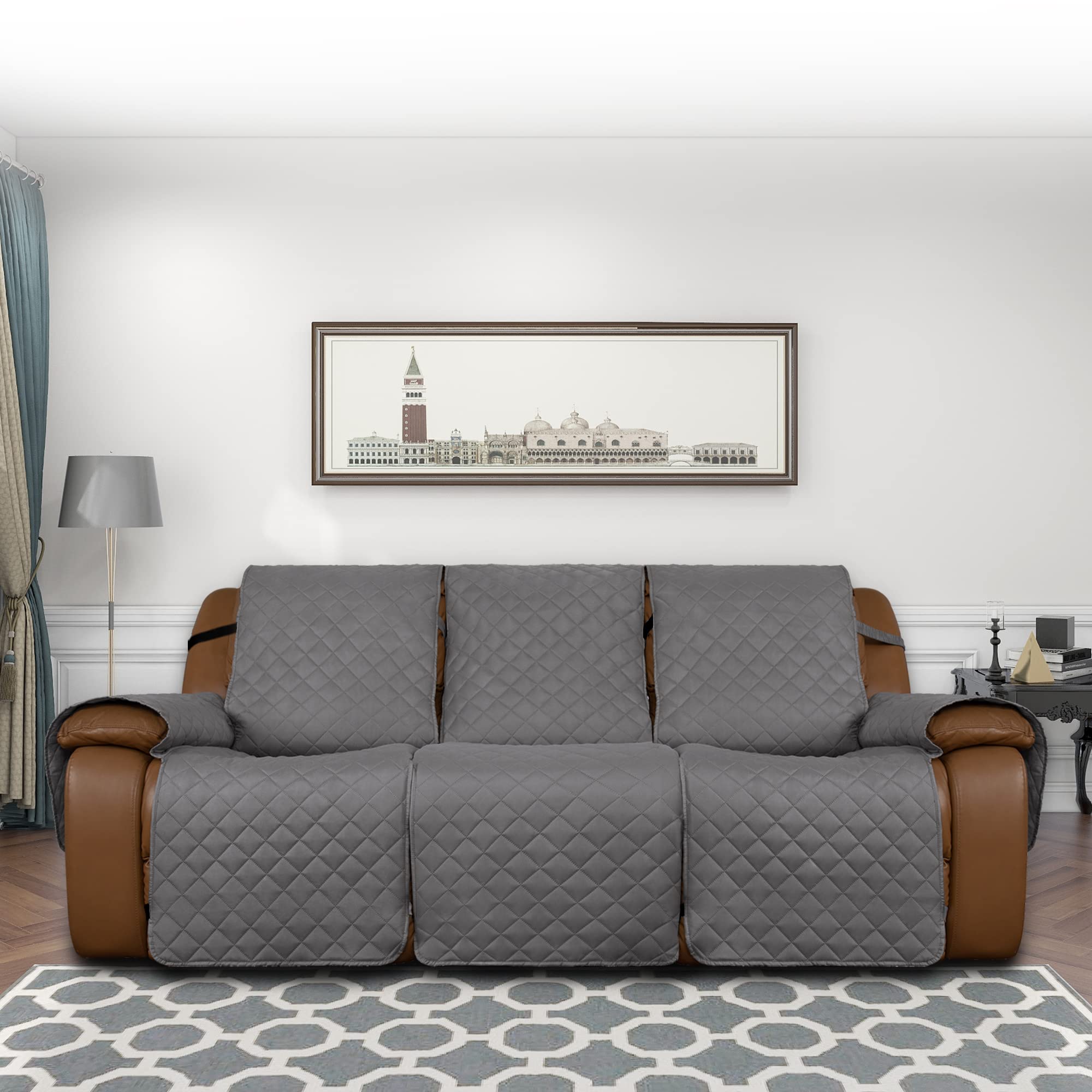 Easy-Going Oversized Recliner Sofa Cover, Reversible Couch Cover For 3 Seat Recliner, Split Sofa Cover For Each Seat With Elastic Straps For Kids, Dogs, Pets (3 Seater, Gray/Gray)