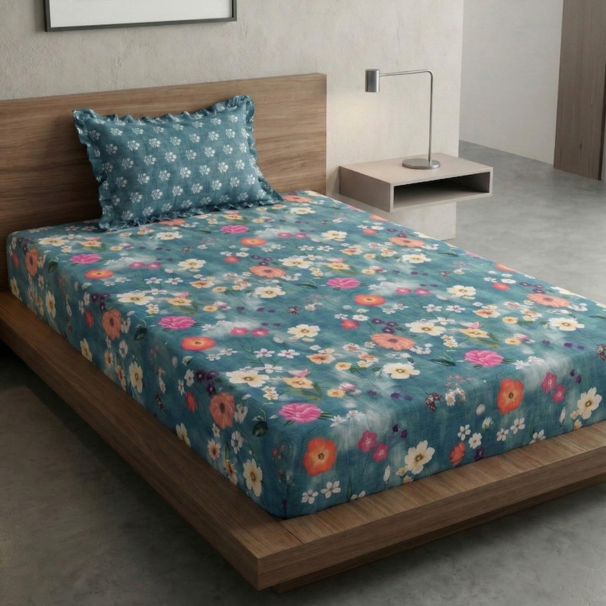 Home Sizzler 210Tc Multicolor Floral Print Elastic Fitted Single Bedsheet (72X36 Inch) With 1 Pillow Cover