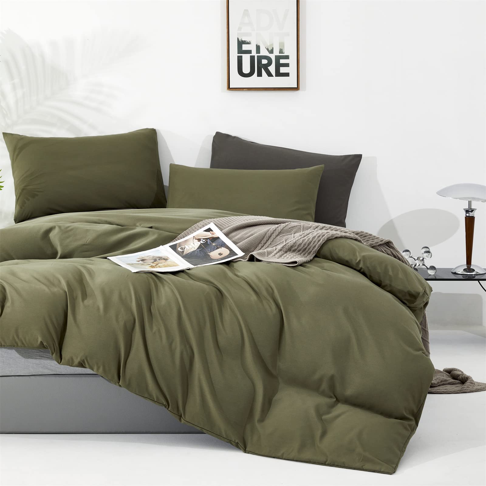 Karever Olive Green Comforter Set Cal King Size Solid Green Comforter 3 Pieces Soft Dark Green California King Comforter Bedding