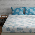Huesland By Ahmedabad Cotton 144 Tc Super King Size Bedsheet 108 X 108 Inches With 2 Pillow Covers | White & Blue | 9Ft X 9Ft