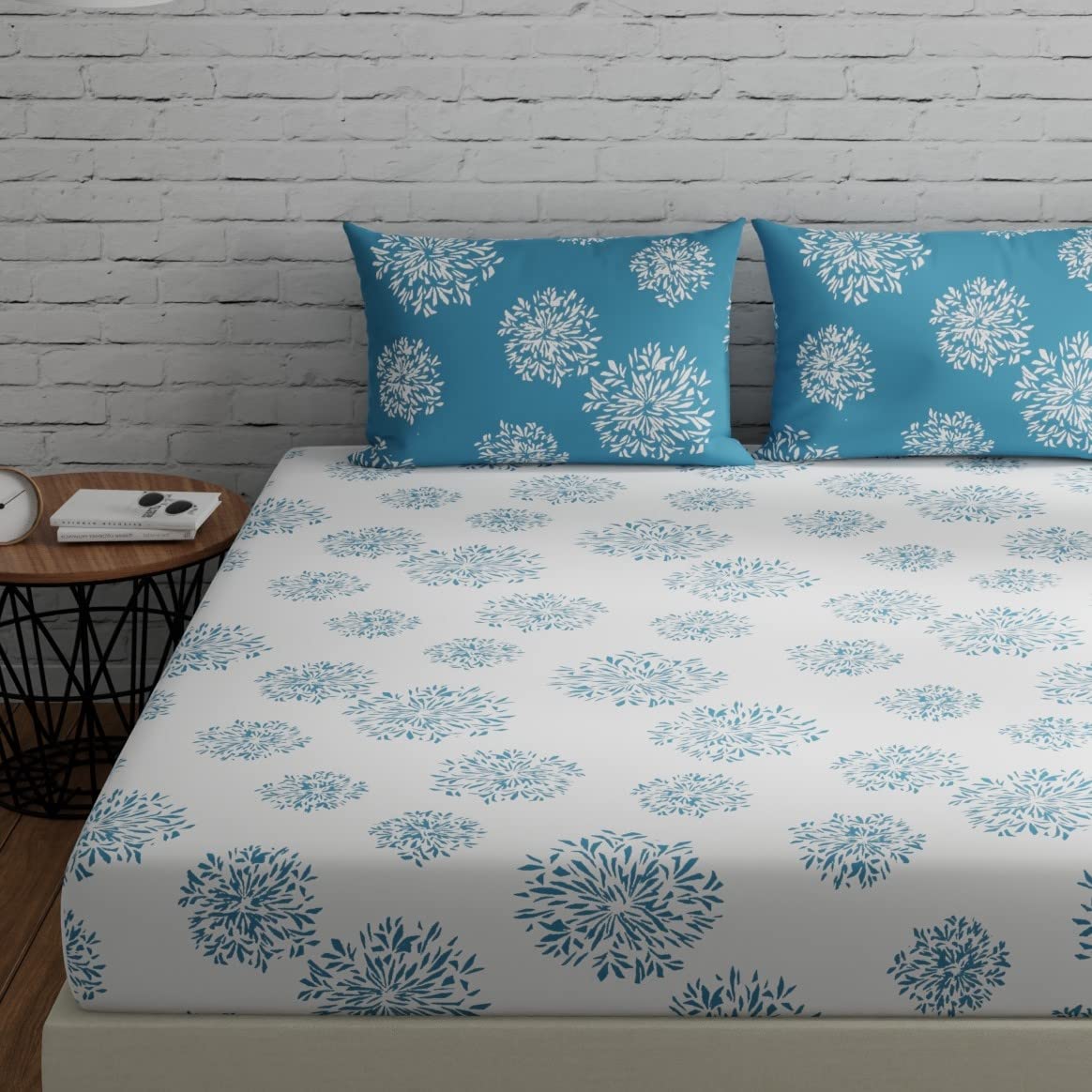 Huesland By Ahmedabad Cotton 144 Tc Super King Size Bedsheet 108 X 108 Inches With 2 Pillow Covers | White & Blue | 9Ft X 9Ft