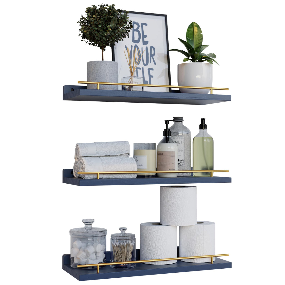 Wopitues Floating Shelves With Gold Metal Guardrail, Shelves For Wall Decor Set Of 3, Wall Shelves For Bedroom, Bathroom, Kitchen, Living Room, Plants, Picture Frames, Art- Gold In Navy Blue