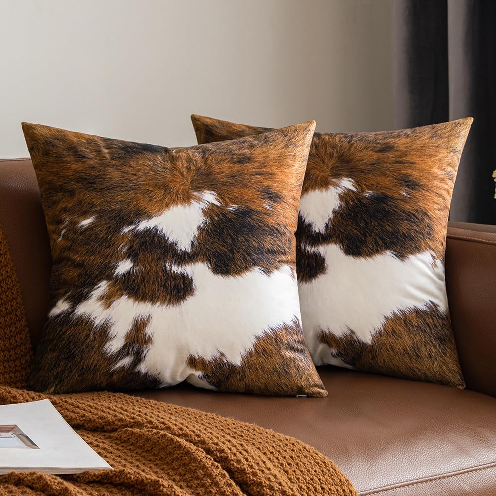 Woaboy Pack Of 2 Decorative Throw Pillow Covers Cowhide Brindle Printed Couch Throw Pillows Cushion Covers For Winter Home Decor Living Room Sofa Bedroom 20X20 Inch