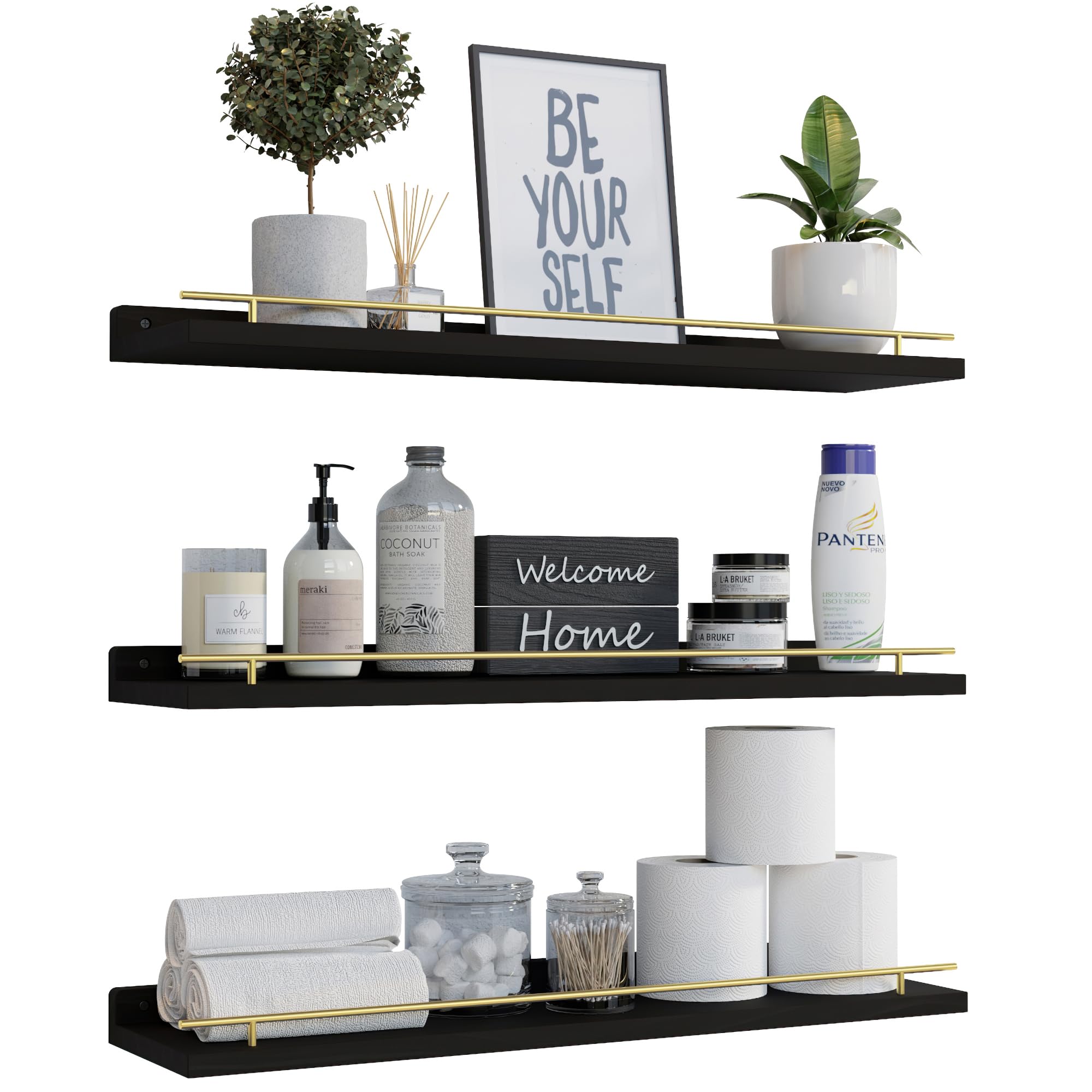 Wopitues Floating Shelves 24 Inch With Gold Metal Guardrail, Shelves For Wall Decor Set Of 3, Wall Shelves For Bedroom, Bathroom, Kitchen, Living Room, Plants, Picture Frames, Art- Black And Gold