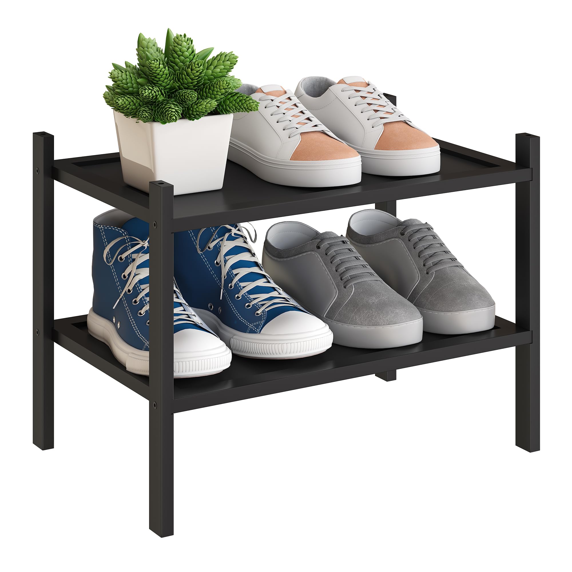 Bmosu 2-Tier Bamboo Small Shoe Rack Premium Stackable Shoe Shelf Storage Organizer For Hallway Closet Living Room Entryway Organizer(Black)