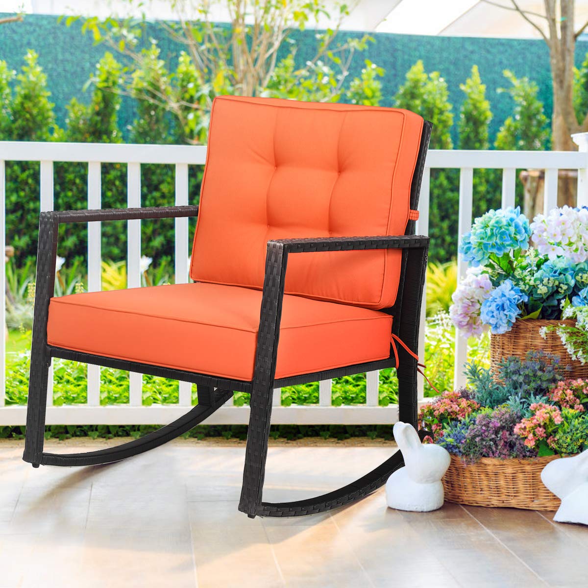 Tangkula Wicker Rocking Chair, Outdoor Rattan Rocker Chair With Heavy-Duty Steel Frame, Patio Furniture Seat With 5” Thick Cushion For Garden, Porch, Backyard, Poolside (1, Orange)