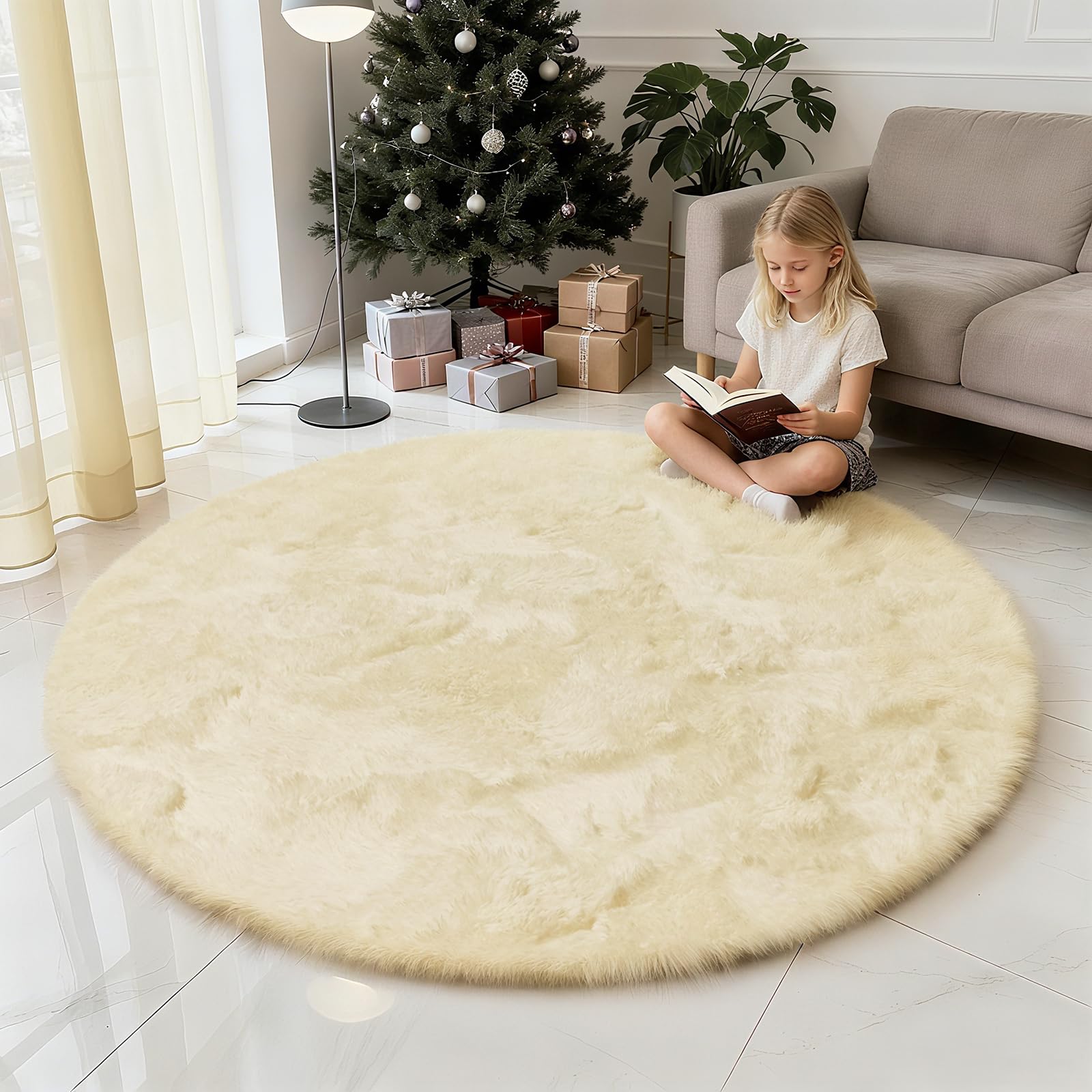 yulidayang Fluffy Round Area Rugs for Bedroom,Ivory 5'X5'Shag Circle Area Rugs for Girls Room,Non Slip Fuzzy Plush Rug for Kids 