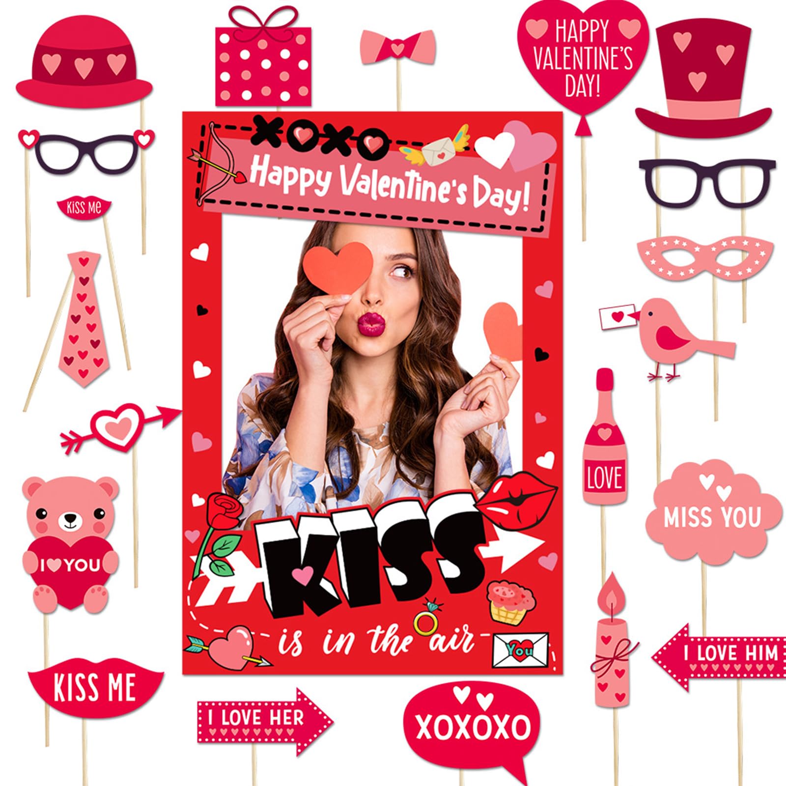 Valentine's Day Photo Booth Props Frame Love Heart Kiss Selfie Photobooth Props Happy Valentine's Day Photo Props for Photoshoot