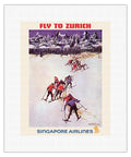 Fly to Zurich Switzerland - Skiing - Singapore Airlines - Vintage Airline Travel Poster by Seah Kim Joo c.1960s - Fine Art Rolle