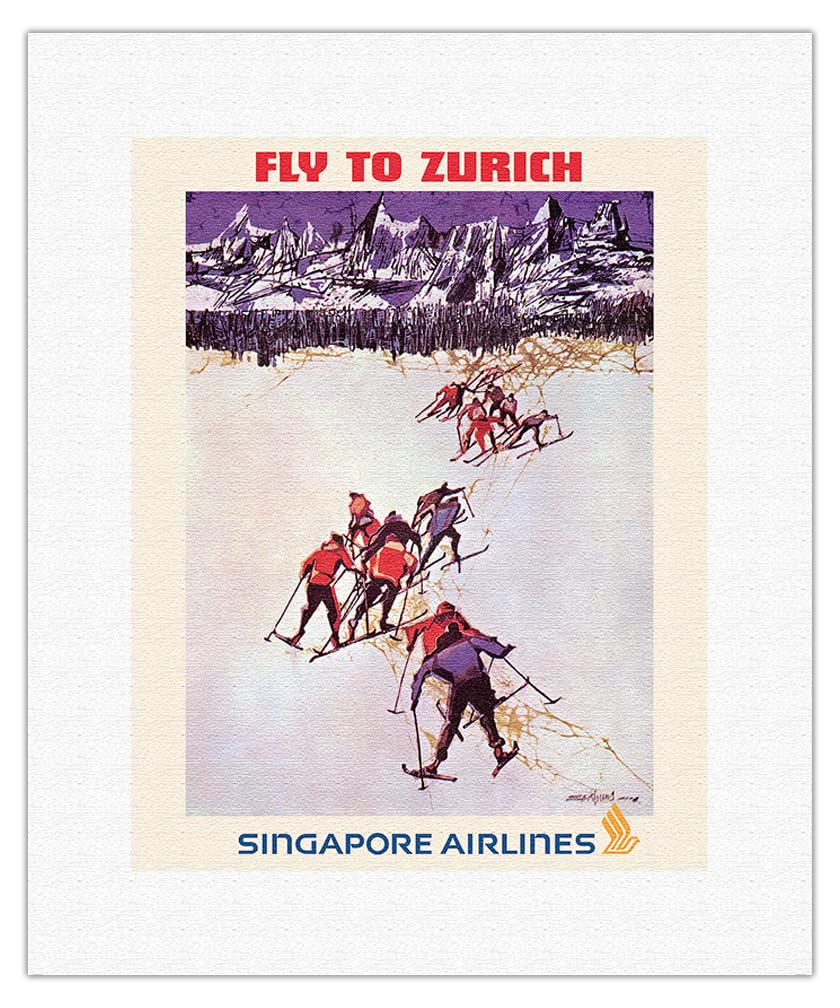 Fly to Zurich Switzerland - Skiing - Singapore Airlines - Vintage Airline Travel Poster by Seah Kim Joo c.1960s - Fine Art Rolle