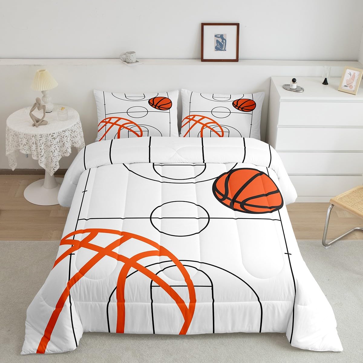 jejeloiu Basketball Comforter Set Queen Size Kids Basketball Court Comforter for Boys Girls Teens Sports Theme Bedding Set Breat