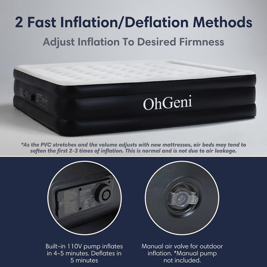 OhGeni Queen Air Mattress with Built-in Pump, 18" Raised Comfort Inflatable Bed, Black, AMH5V143