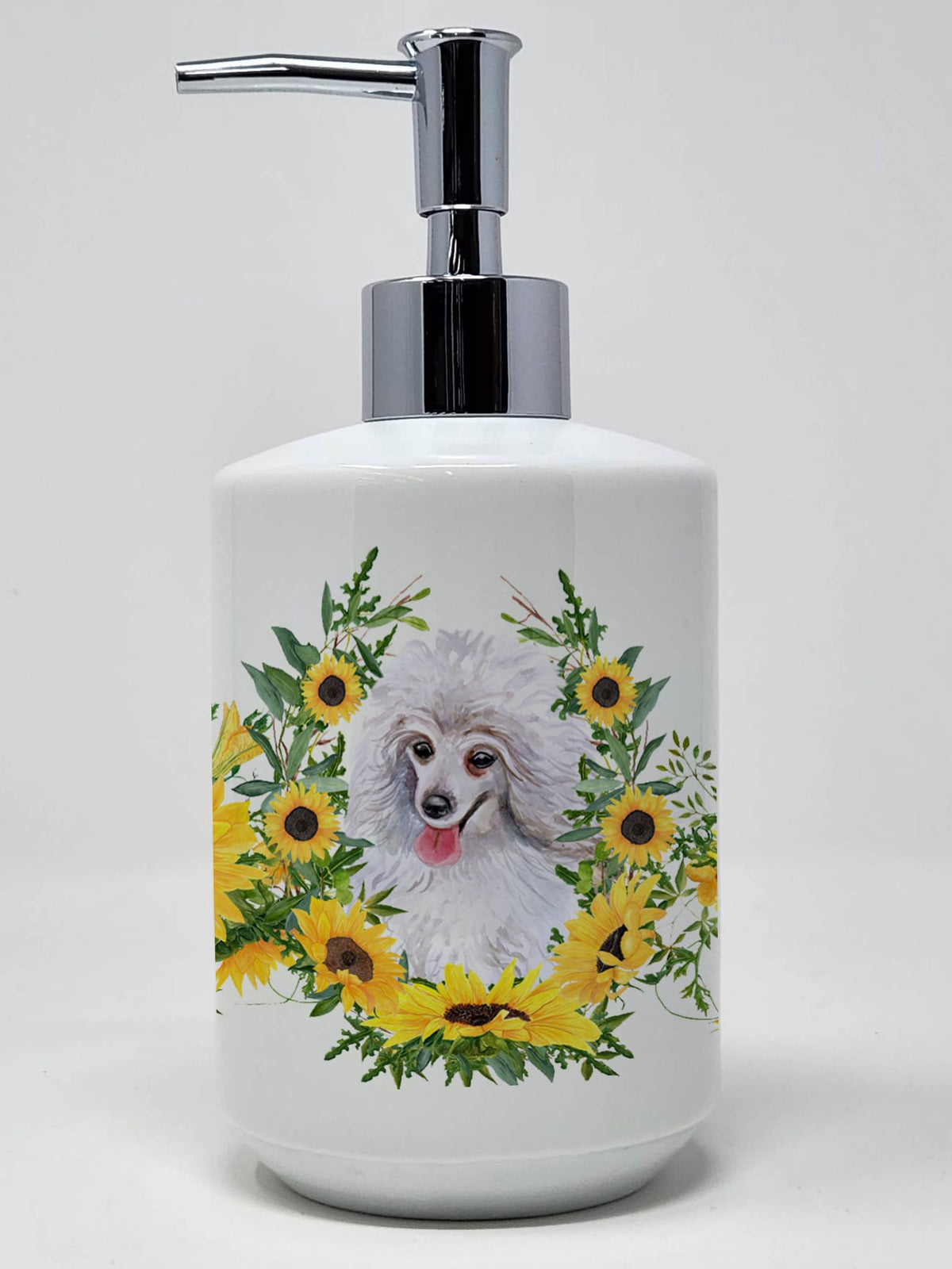 Caroline's Treasures CK2875SOAP Medium White Poodle in Sunflowers Ceramic Soap Dispenser Hand Soap Dispenser Pump Bottles for Ba