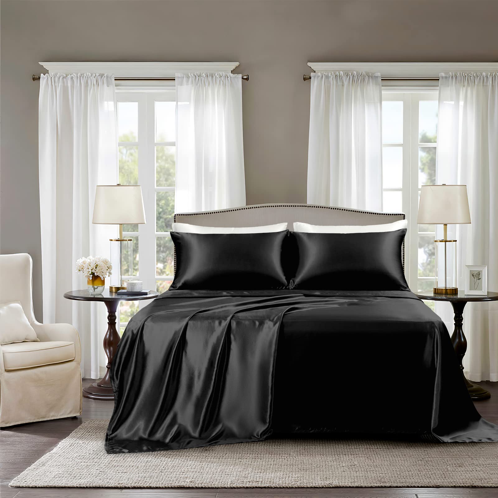 Golal Satin Sheets King Size - 4 Pieces Luxury Silky Soft Bed Sheets, Wrinkle-Free Lavender Satin Silk Sheet Set With 1 Deep Pocket Fitted Sheet, 1 Flat Sheet, 2 Pillow Cases
