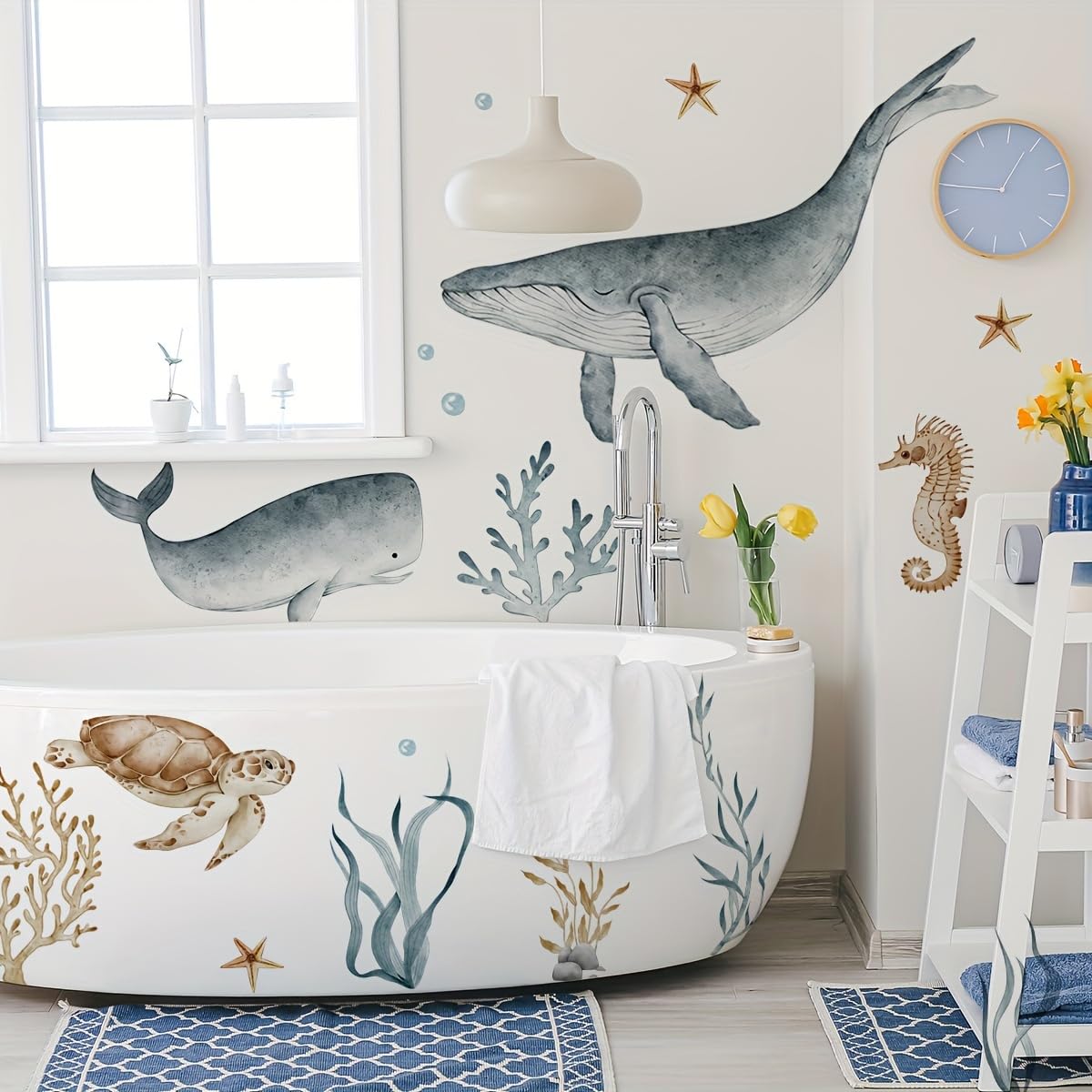 Kittyanie Plain Surface Pvc Vinyl Contemporary Underwater Ocean Wall Decals For Bathroom, Whale Turtle Seahorse Watercolor Style