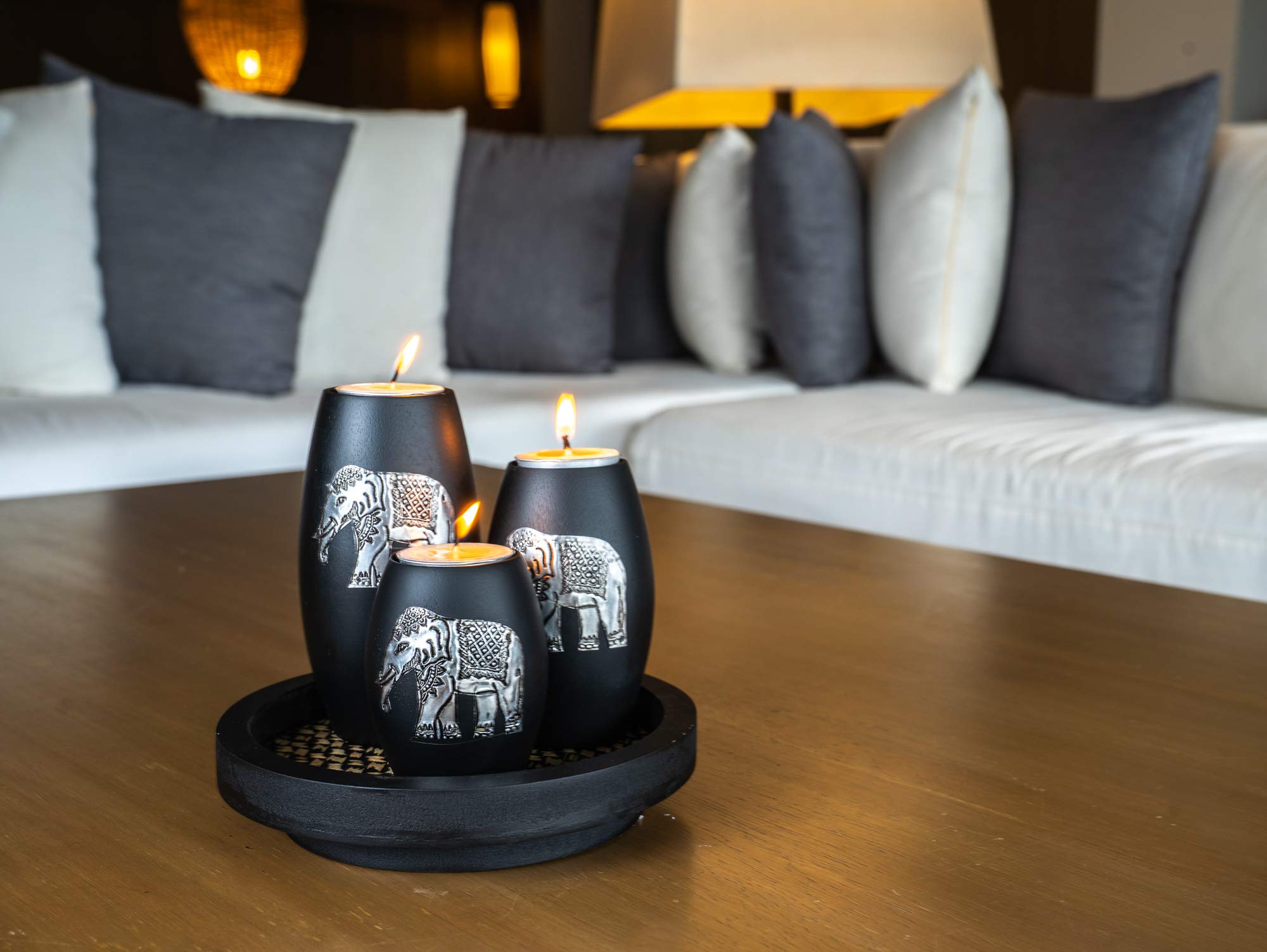 Iyara Craft Tealight Candle Holders With Candle Tray Set Of 3 Decorative Candle Holders Matte Wood Finish With Inlaid Aluminum A