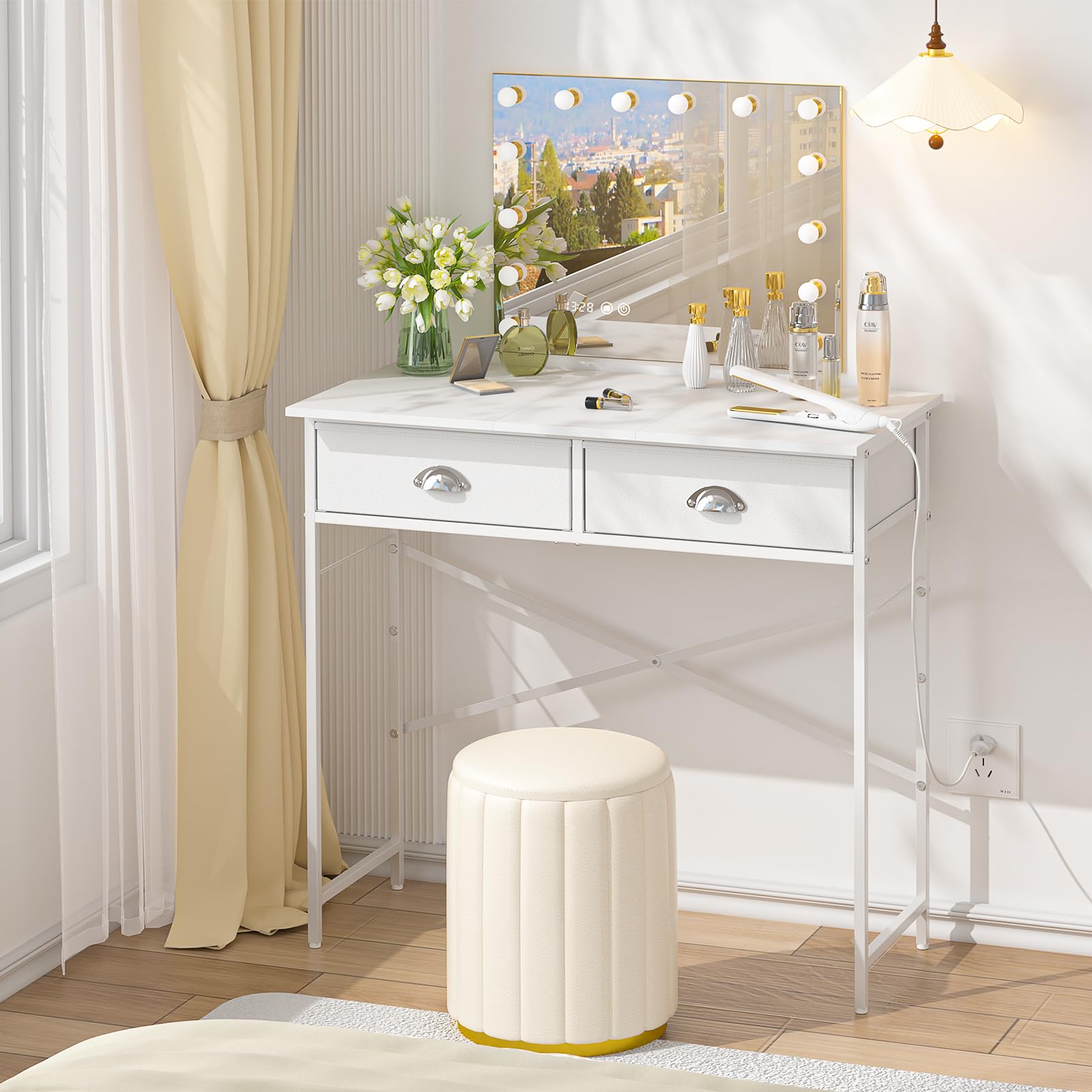 ThreeHio Small Vanity Desk No Mirror for Kids Bedroom, 31.5 Inch Vanity Table with Drawers, Makeup Vanity Desk for Narrow Spaces
